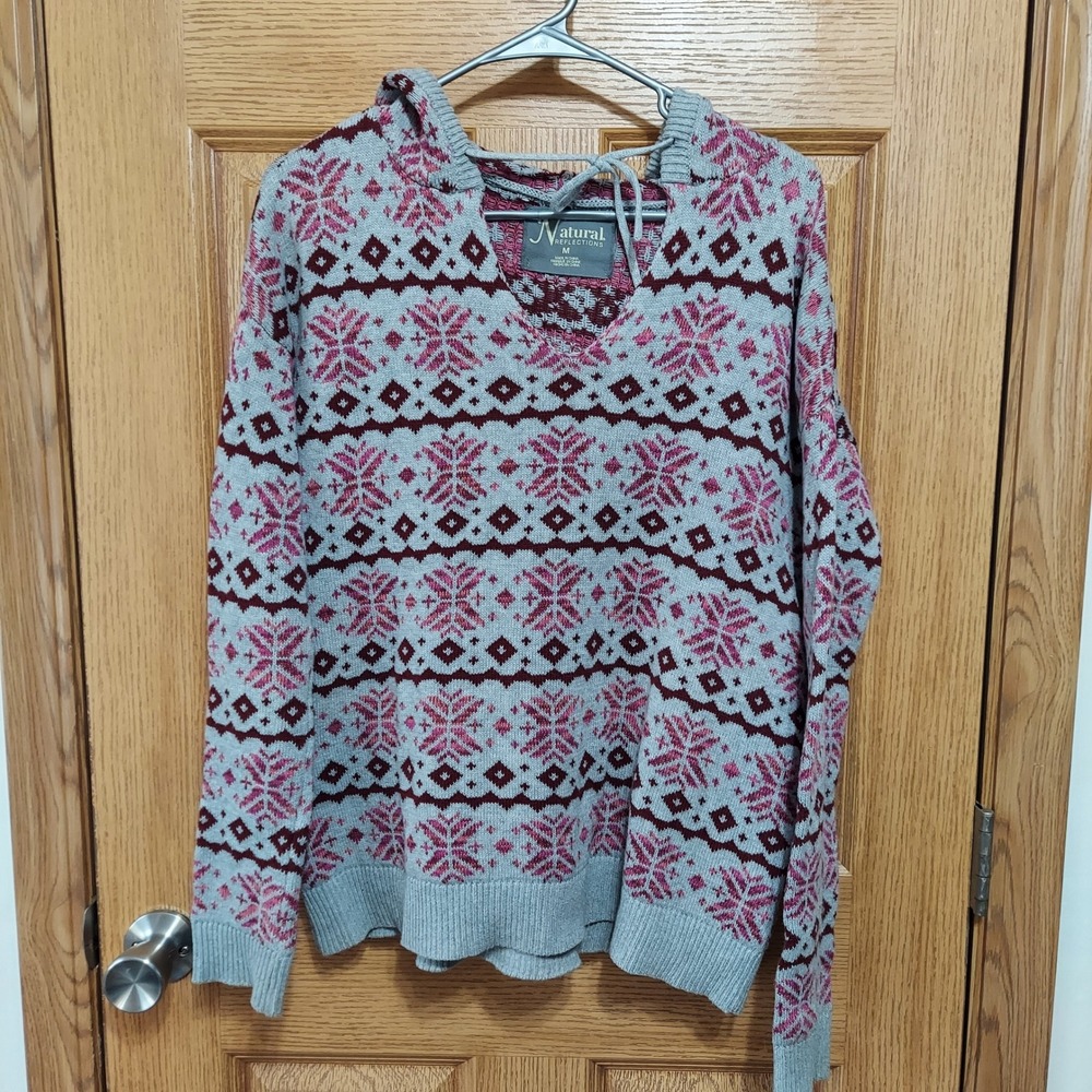 Natural Reflections Womens Fair Isle Snowflake‎ Hooded Sweater Grey Burgundy M